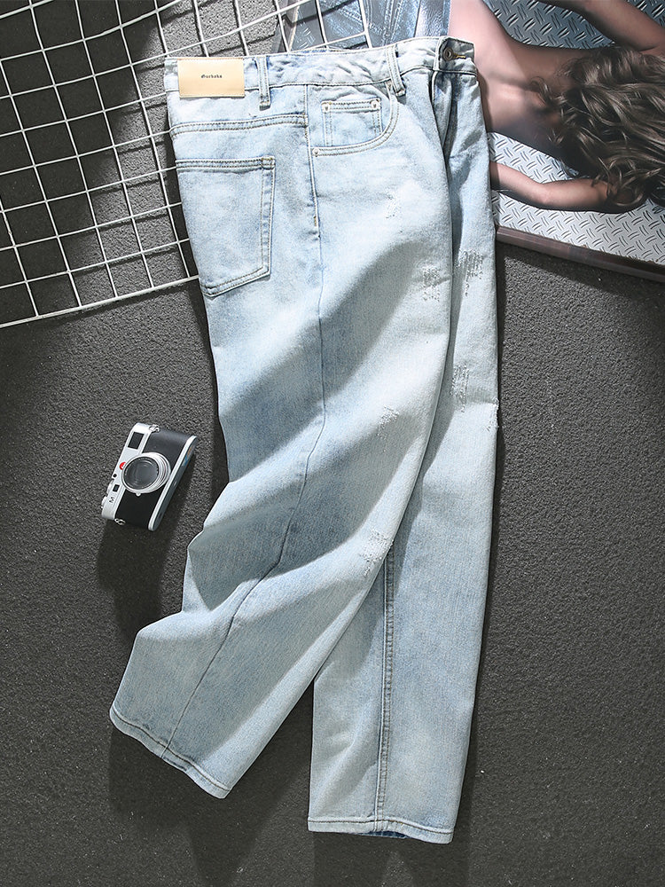 American washed distressed blue jeans for men 2025 new trendy cat scratched loose straight pants