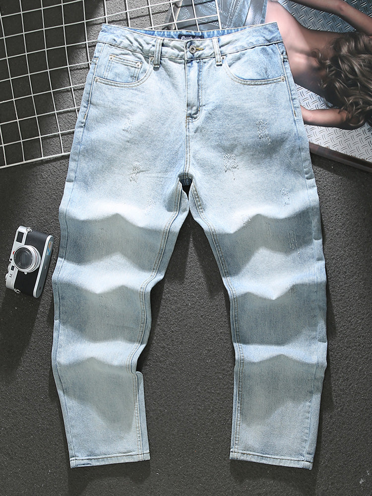 American washed distressed blue jeans for men 2025 new trendy cat scratched loose straight pants