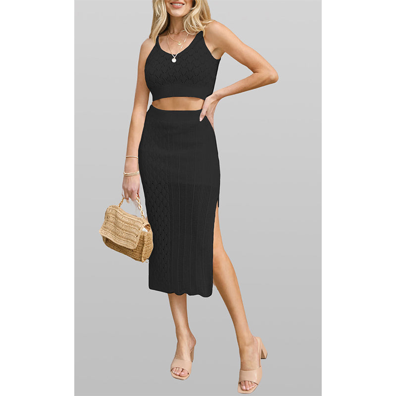 Summer new solid color rhombus striped two-piece sexy vest with slits and long skirt for women
