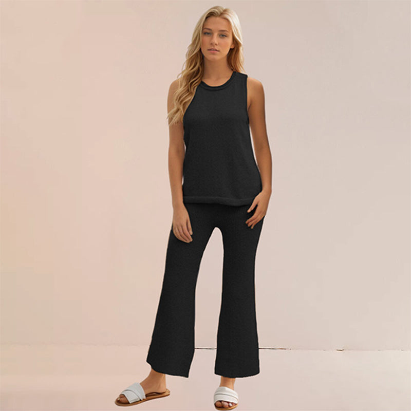 Summer new solid color knitted casual suit simple European and American style vest pullover two-piece set for women