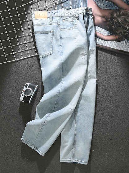 American washed distressed blue jeans for men 2025 new trendy cat scratched loose straight pants