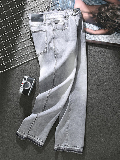 American distressed gray jeans for men in spring and summer new trendy loose straight leg washed trousers with raw edge splicing