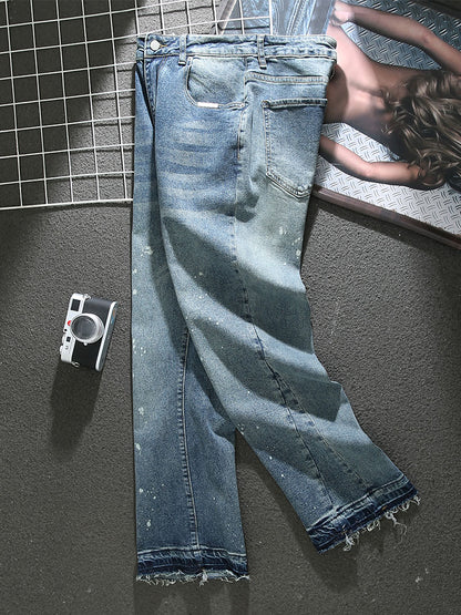 American distressed paint jeans for men 2025 spring and summer new high street trendy loose wide-leg pants raw edge trousers