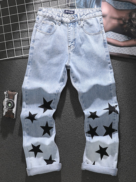 American distressed jeans for men 2025 spring and summer trendy star printed loose straight trousers blue versatile