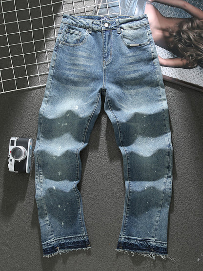 American distressed paint jeans for men 2025 spring and summer new high street trendy loose wide-leg pants raw edge trousers