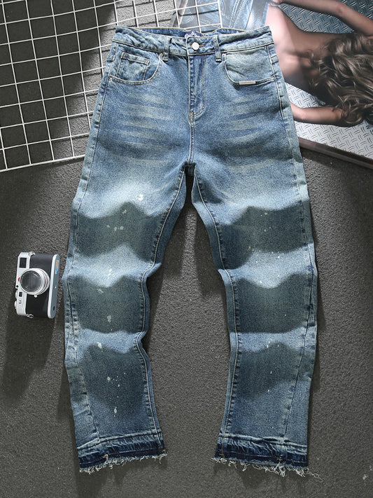 American distressed paint jeans for men 2025 spring and summer new high street trendy loose wide-leg pants raw edge trousers