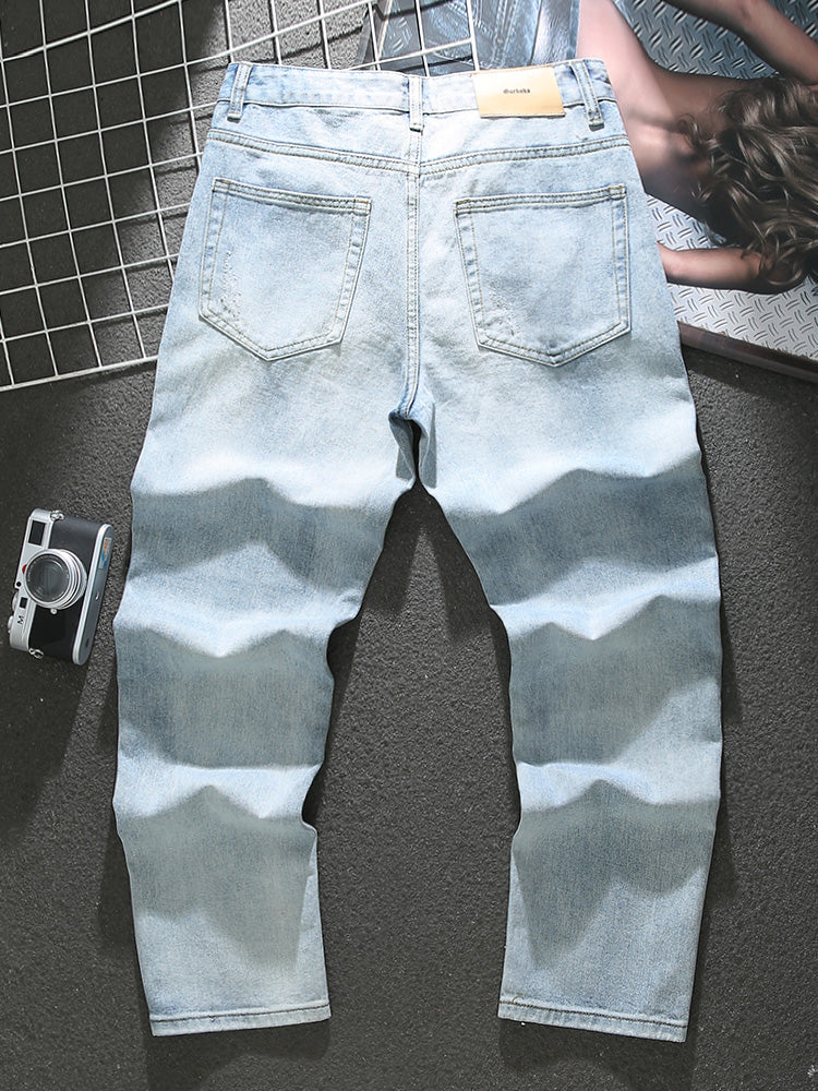 American washed distressed blue jeans for men 2025 new trendy cat scratched loose straight pants