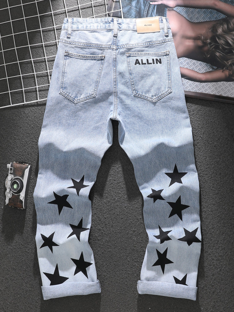 American distressed jeans for men 2025 spring and summer trendy star printed loose straight trousers blue versatile