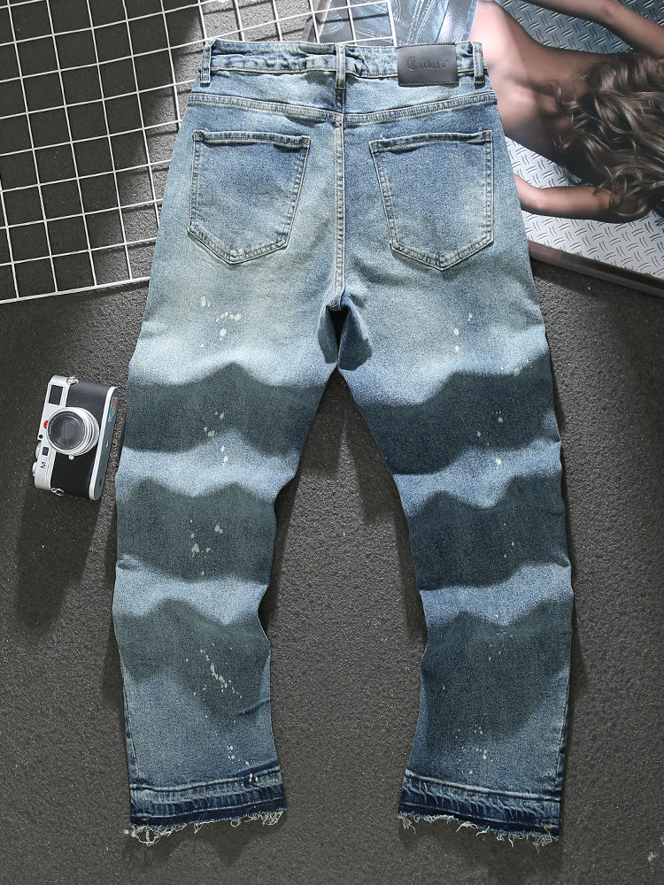 American distressed paint jeans for men 2025 spring and summer new high street trendy loose wide-leg pants raw edge trousers