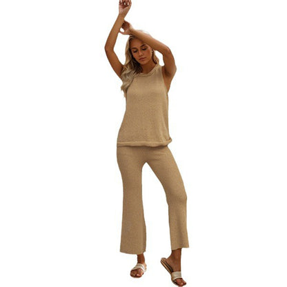 Summer new solid color knitted casual suit simple European and American style vest pullover two-piece set for women