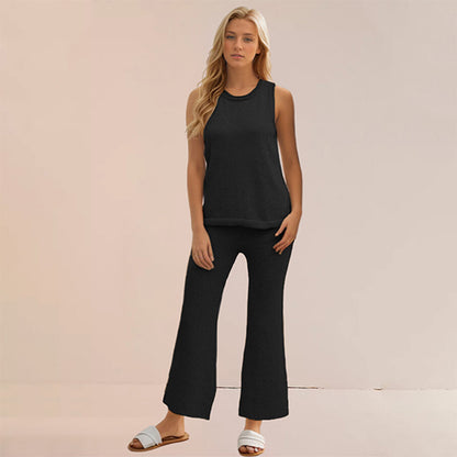 Summer new solid color knitted casual suit simple European and American style vest pullover two-piece set for women