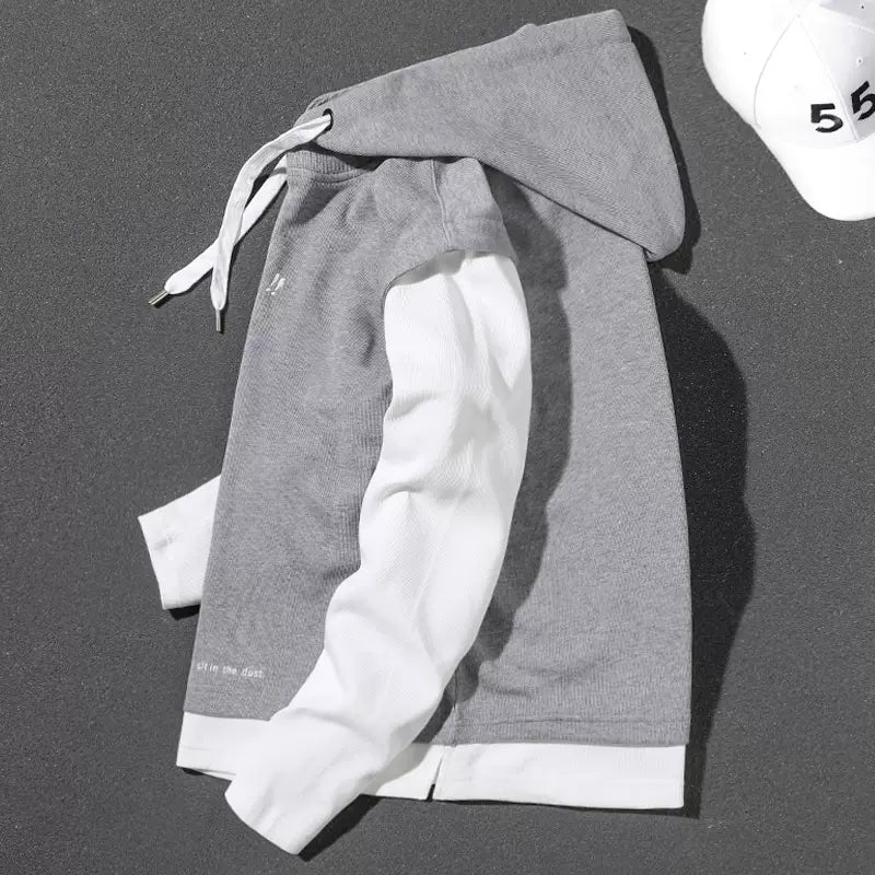 Handsome heavyweight gray fake two-piece 2025 spring, autumn and winter hooded large size top loose pullover long-sleeved sweatshirt for men