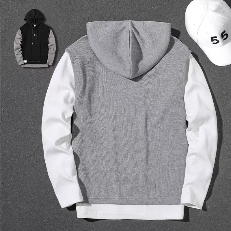 Handsome heavyweight gray fake two-piece 2025 spring, autumn and winter hooded large size top loose pullover long-sleeved sweatshirt for men