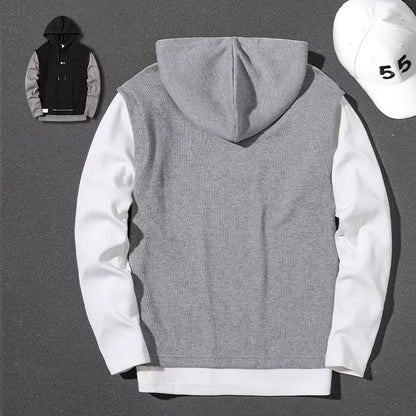 Handsome heavyweight gray fake two-piece 2025 spring, autumn and winter hooded large size top loose pullover long-sleeved sweatshirt for men
