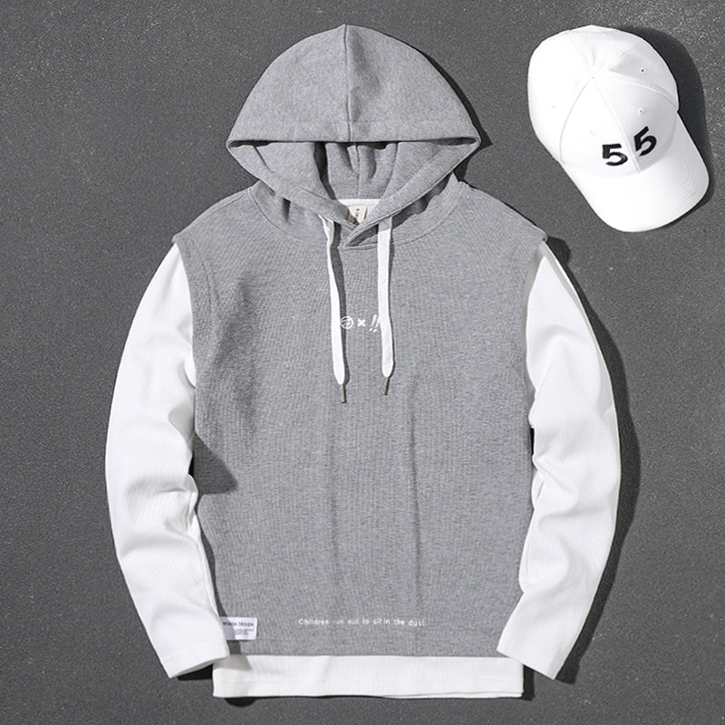 Handsome heavyweight gray fake two-piece 2025 spring, autumn and winter hooded large size top loose pullover long-sleeved sweatshirt for men