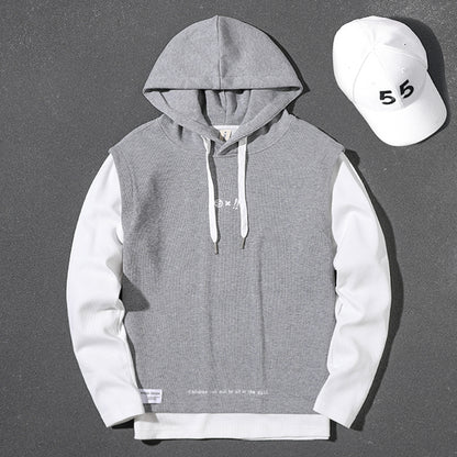 Handsome heavyweight gray fake two-piece 2025 spring, autumn and winter hooded large size top loose pullover long-sleeved sweatshirt for men