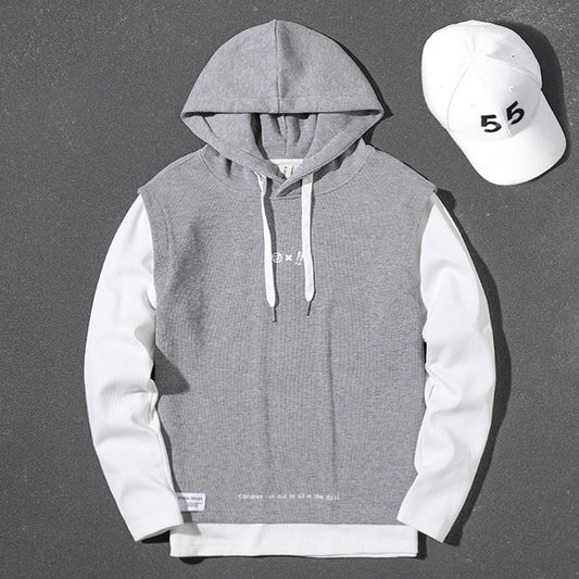Handsome heavyweight gray fake two-piece 2025 spring, autumn and winter hooded large size top loose pullover long-sleeved sweatshirt for men