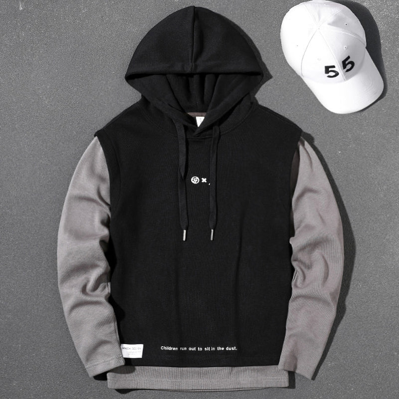 Handsome heavyweight gray fake two-piece 2025 spring, autumn and winter hooded large size top loose pullover long-sleeved sweatshirt for men