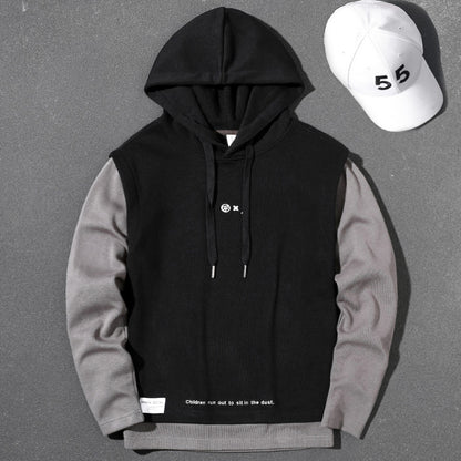 Handsome heavyweight gray fake two-piece 2025 spring, autumn and winter hooded large size top loose pullover long-sleeved sweatshirt for men