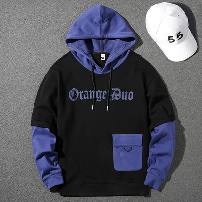 Handsome heavyweight gray fake two-piece 2025 spring, autumn and winter hooded large size top loose pullover long-sleeved sweatshirt for men